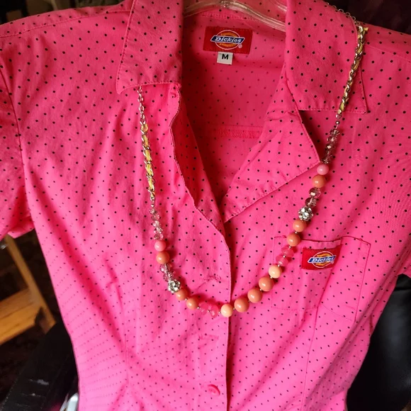 Y2K Dickies Sz M Barbie Pink Black Polkadot Buttondown Dress Worksiren Festival - Picture 9 of 14